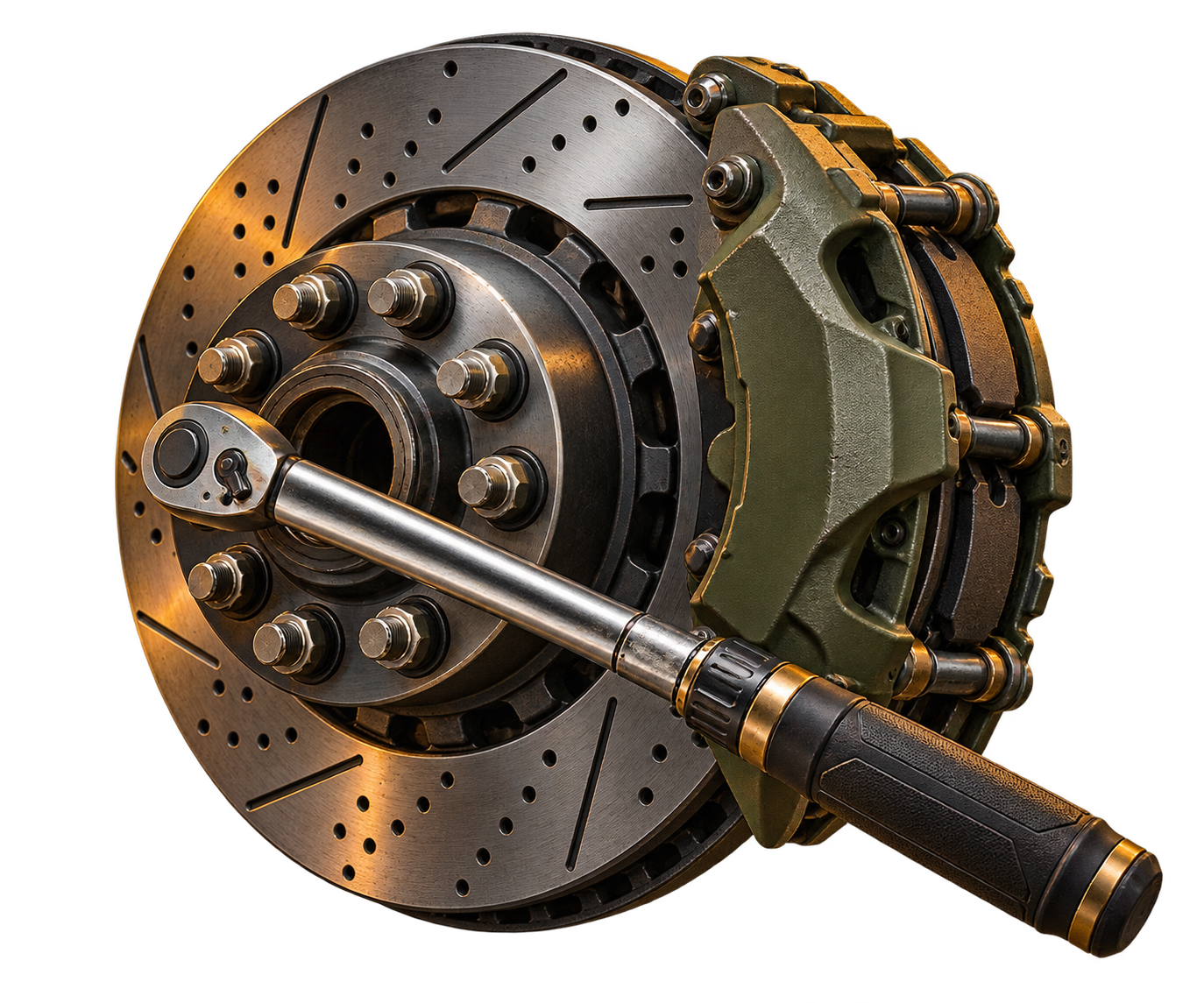Detailed brake rotor, caliper, and torque wrench assembly