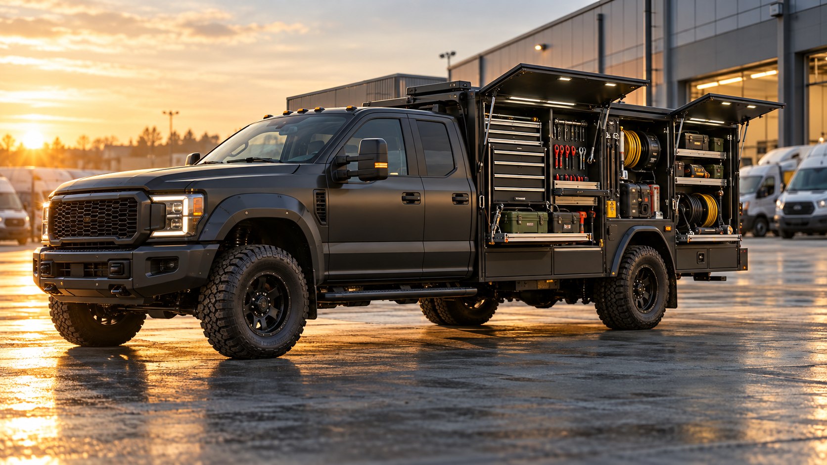 Fully equipped charcoal mobile auto service truck in a fleet yard
