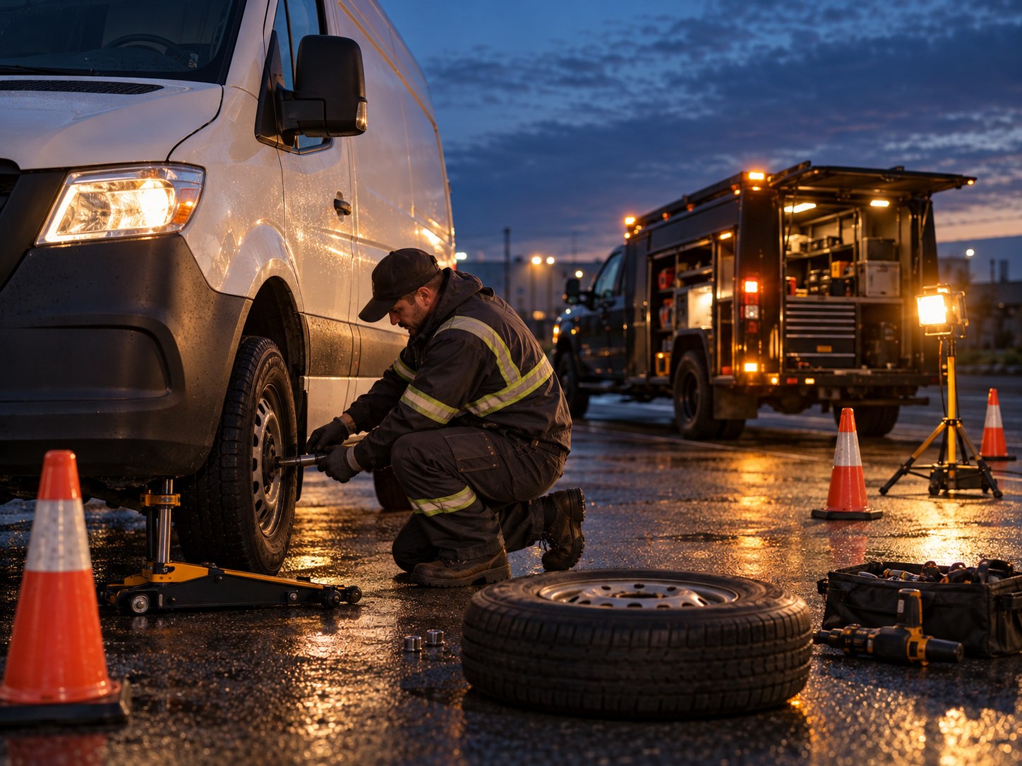 Mobile technician performing a safe after-hours repair on a work van