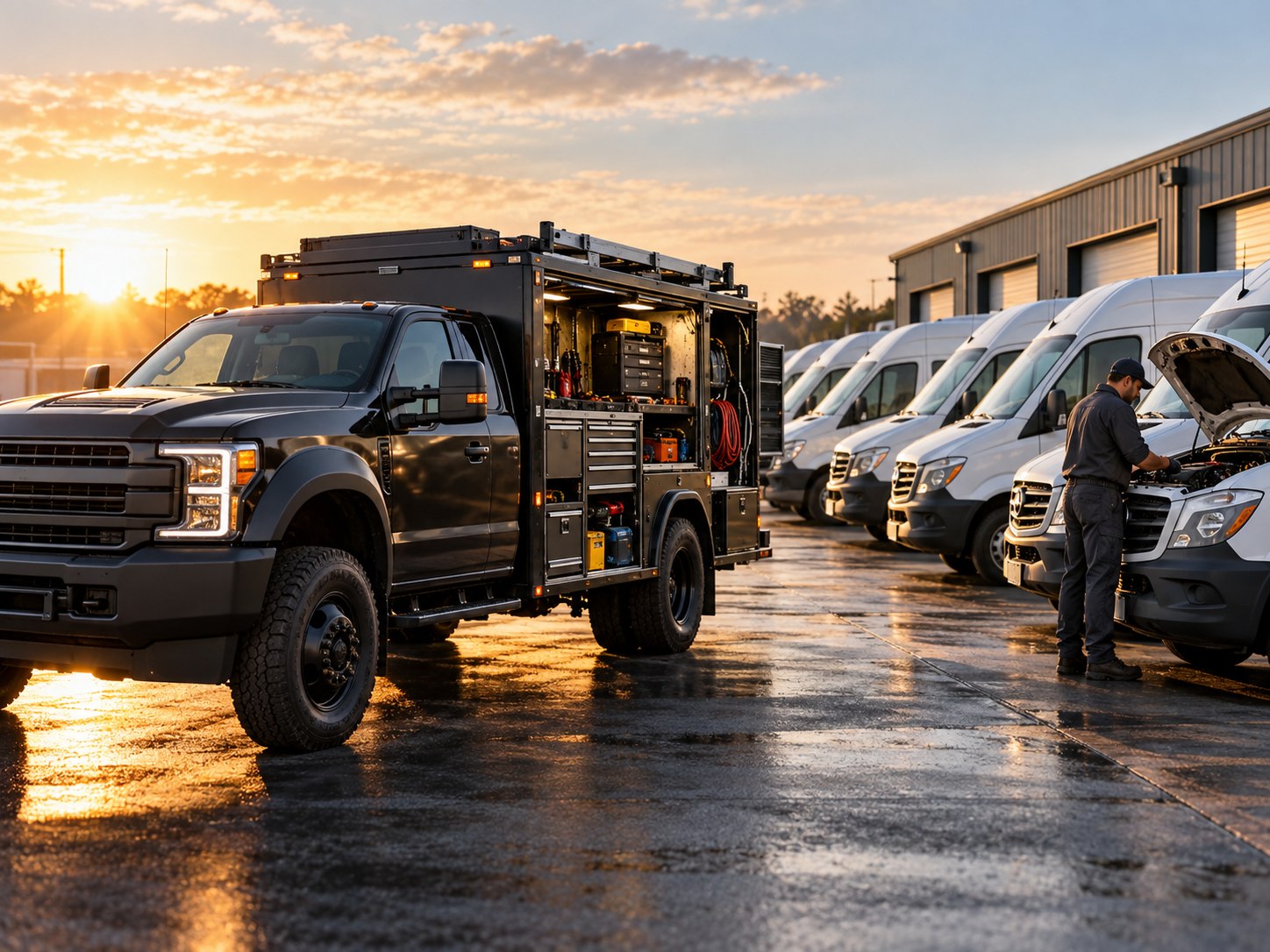 Mobile service truck supporting a row of commercial fleet vans