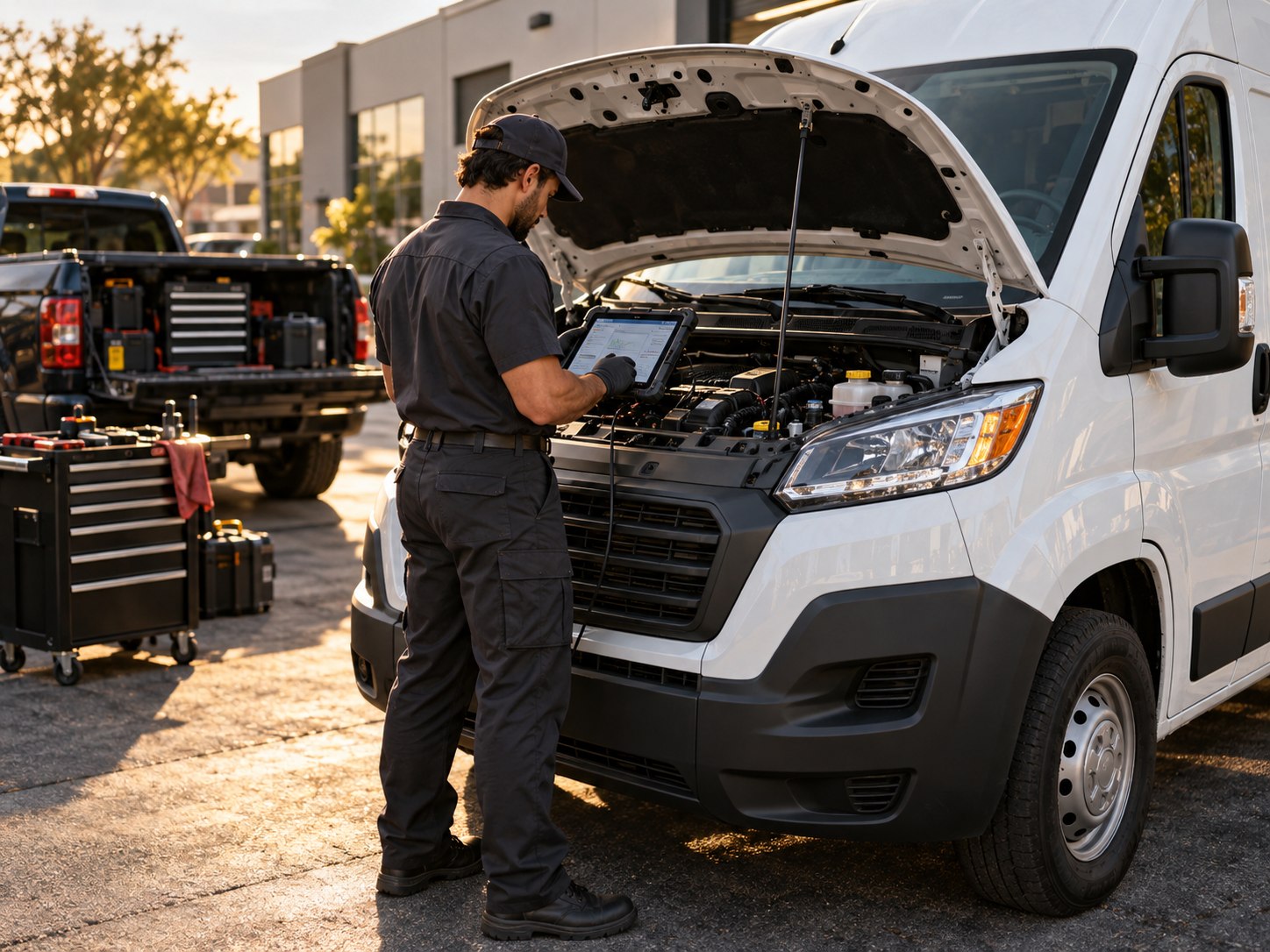 Mobile technician running diagnostics on a commercial cargo van