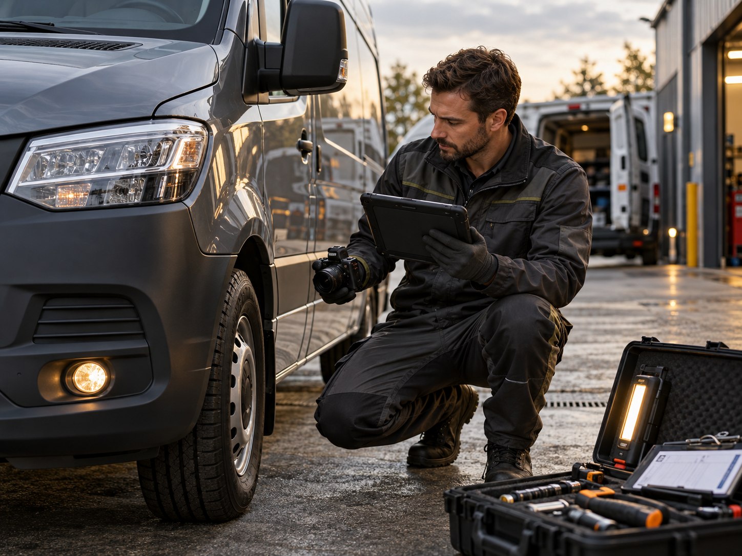 Technician documenting a commercial vehicle inspection for a service partner