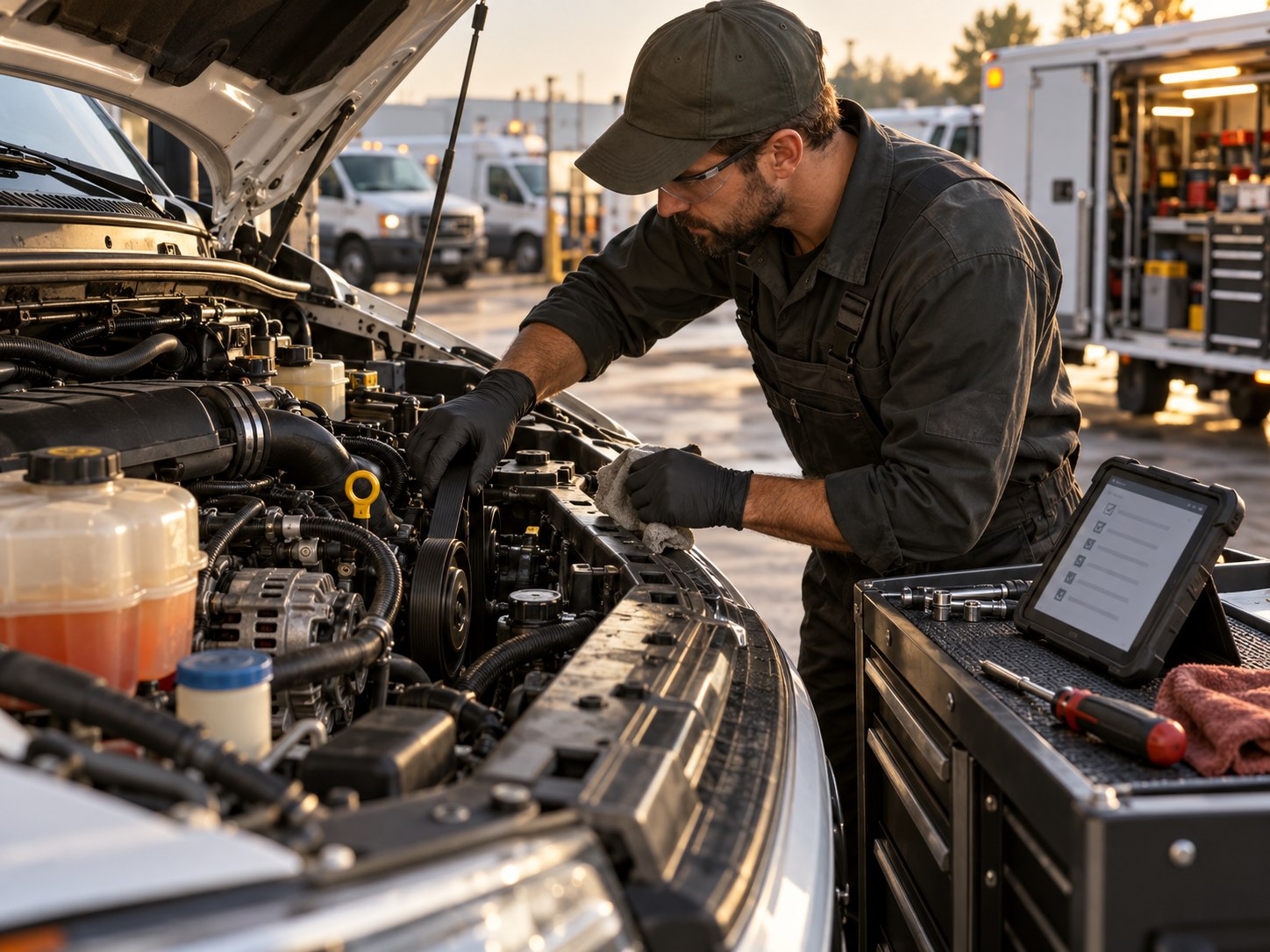 Technician inspecting a commercial vehicle engine during preventive maintenance