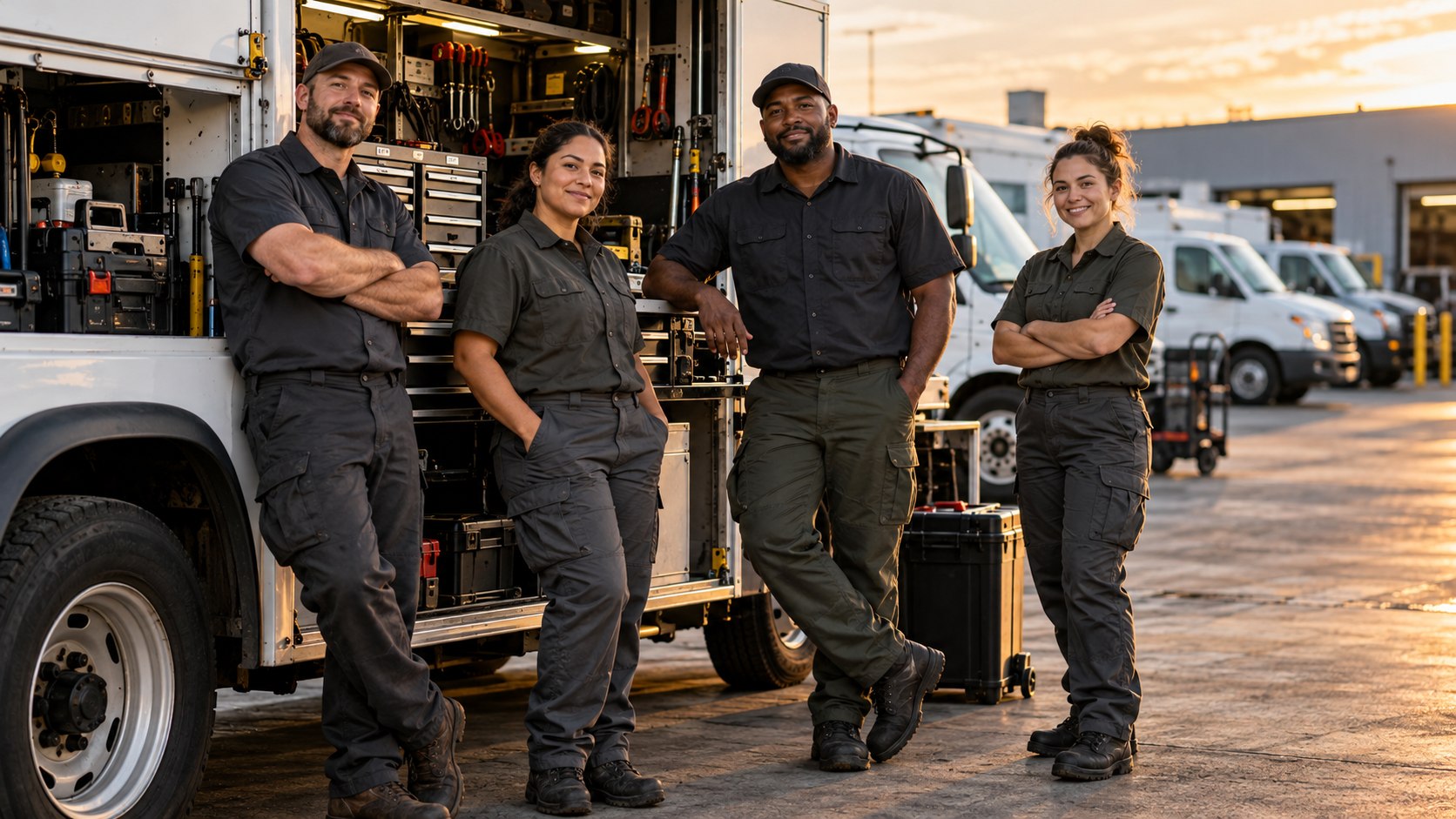 Four professional mobile automotive service technicians beside a service truck